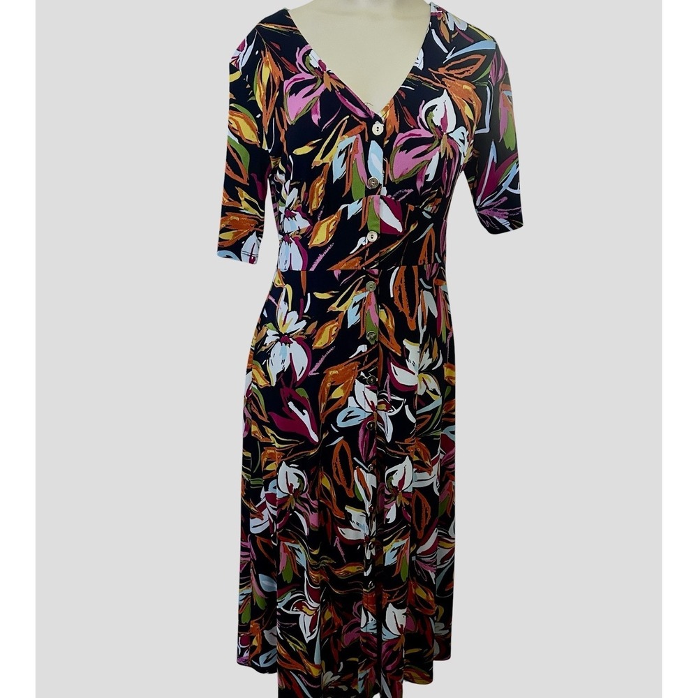 MSK Midi Dress Women's Small Multicolor Floral V-Neck Short Sleeve Jersey Button